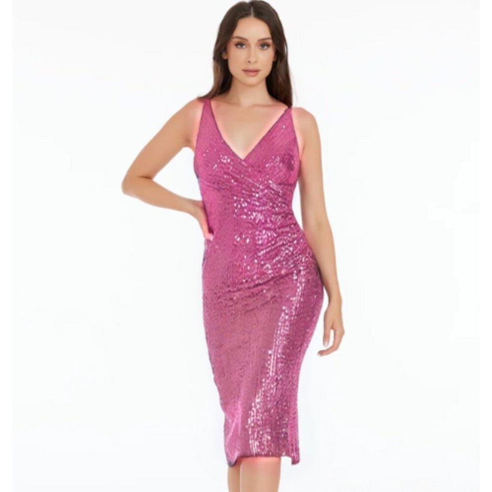 Dress The Population Anita Pink Sequin Midi Wrap Dress Size Small